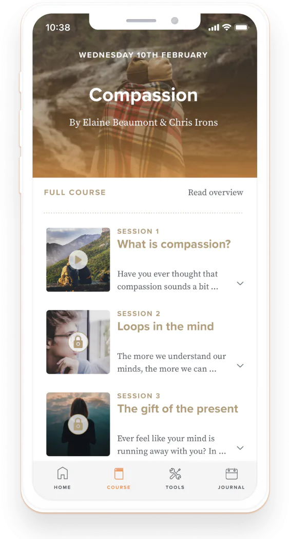Screenshot of The Self-Compassion App showing the course tab with all the sessions.